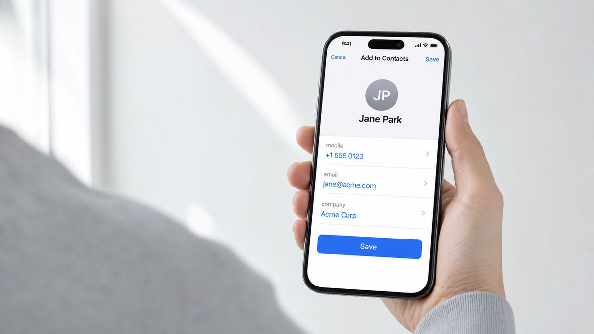 Cheri pou kratai ena iPhone pou deichnei tin othoni Prosthiki stis epafes meta to skanrisma enos vCard QR code