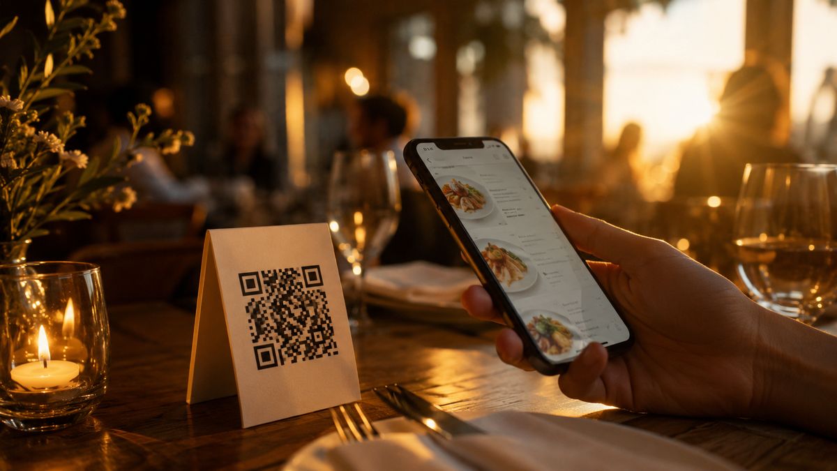 A restaurant table tent with a QR code opening a menu on a phone