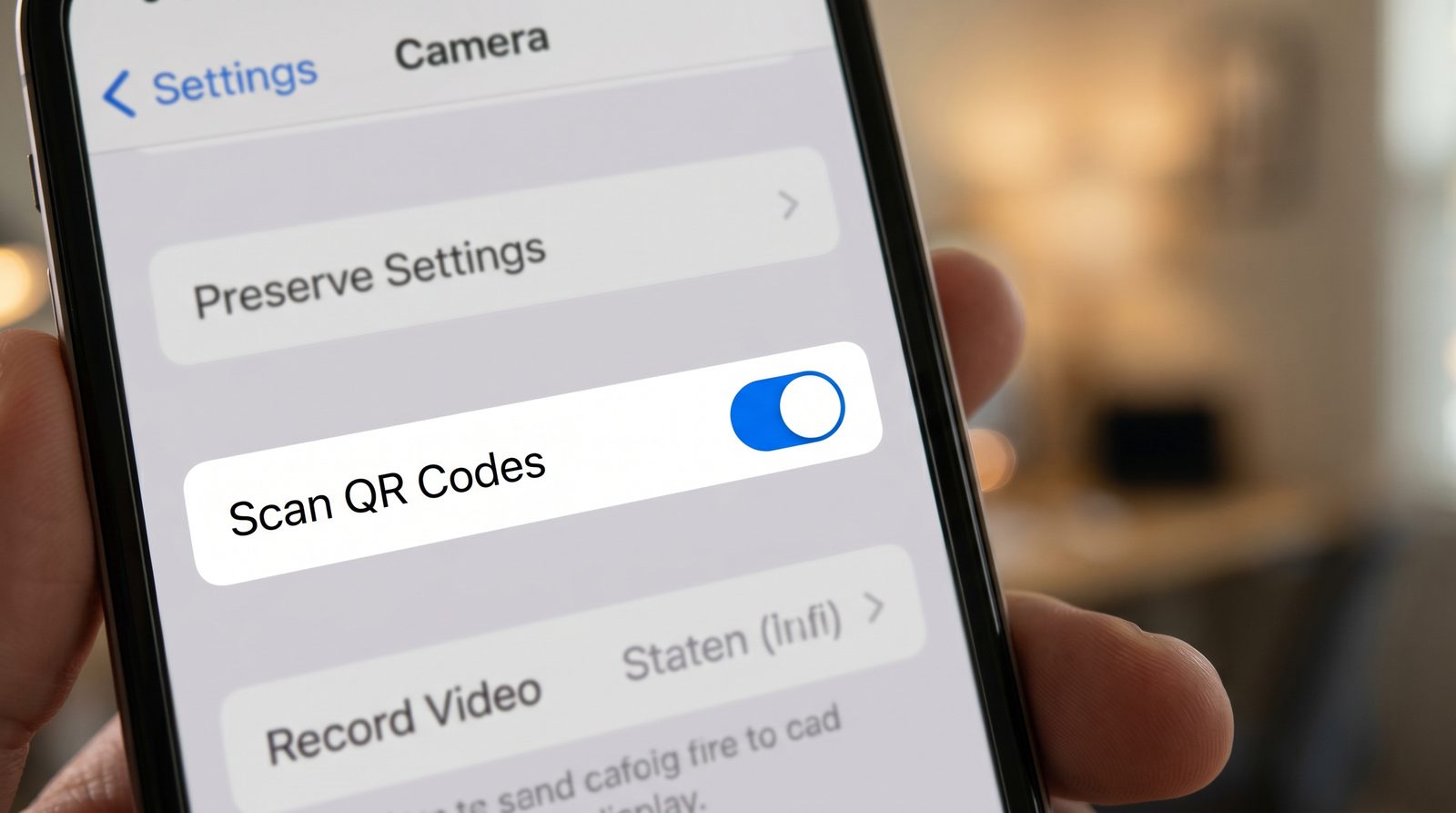 Ecran de setari al telefonului cu scanarea codului QR activata