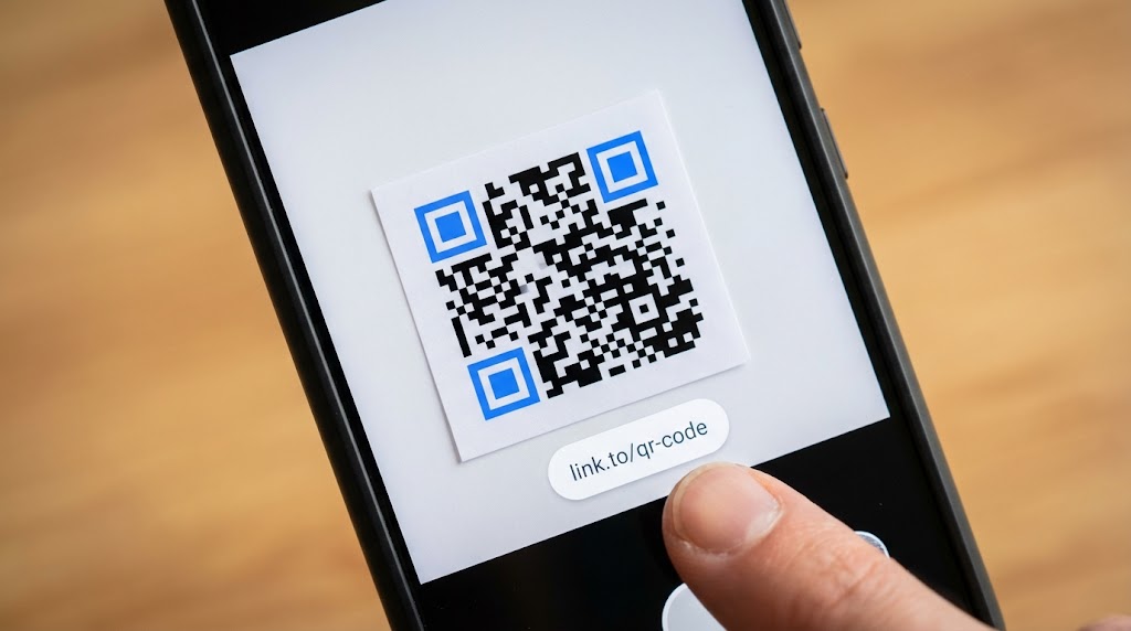 Kamera telefonu Android detekujici QR kod s vyskakovacim oknem odkazu ve spodni casti obrazovky