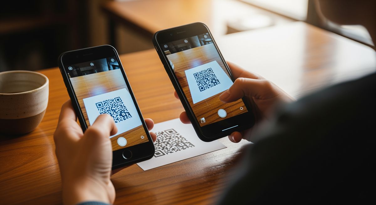 Person testet QR-Code-Scan auf zwei Smartphones, bevor Materialien zum Druck geschickt werden